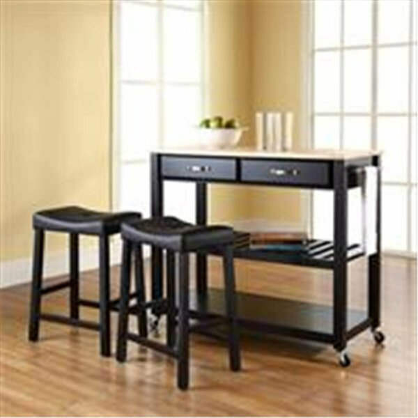 Betterbeds Natural Wood Top Kitchen Cart-Island in Black Finish w/24 in. Black Upholstered Saddle Stools BE383111